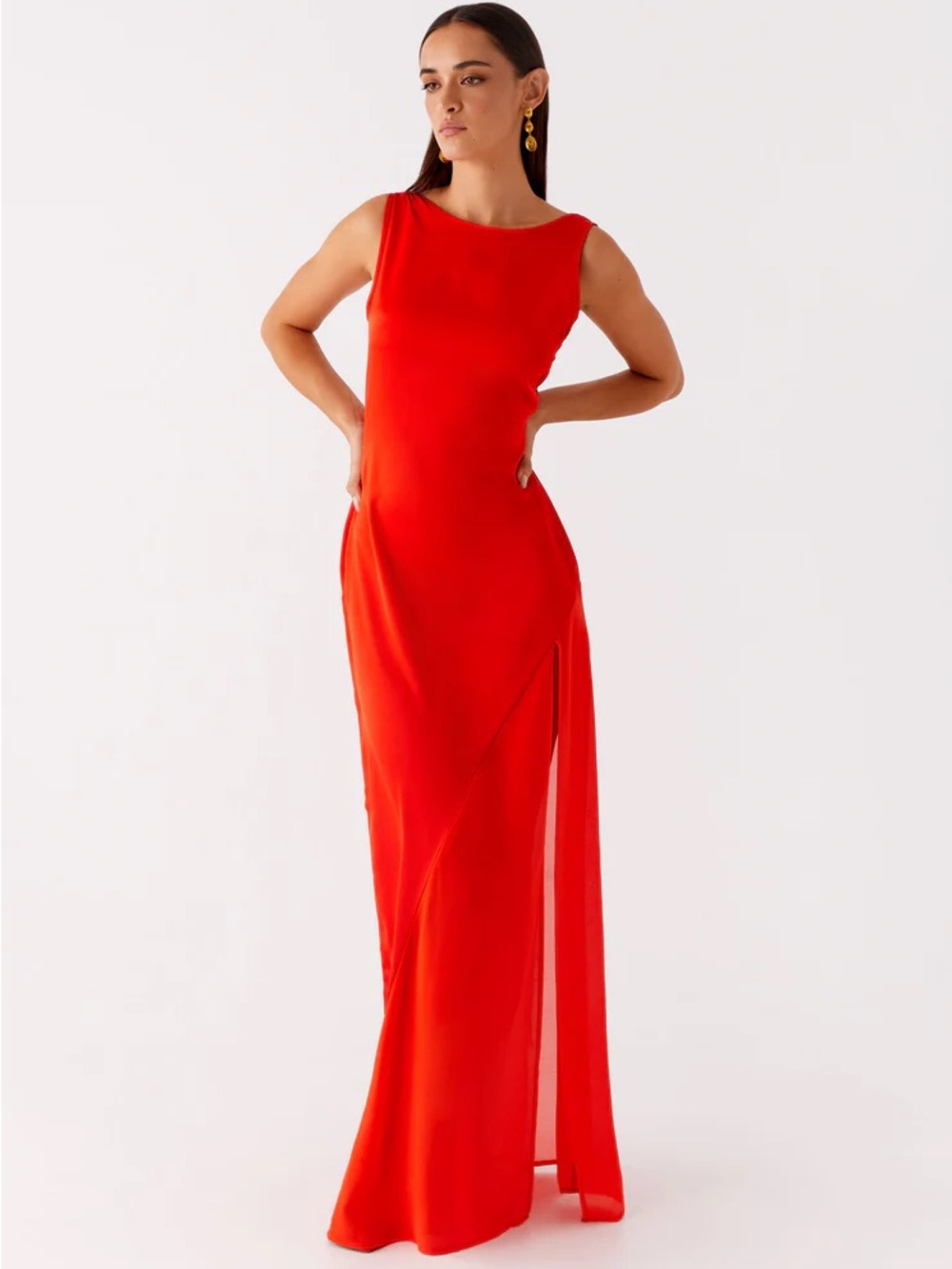 Peppermayo Women’s Bold Red Ramiro Maxi Sleeveless Slip Gown Dress Side Slit NWT